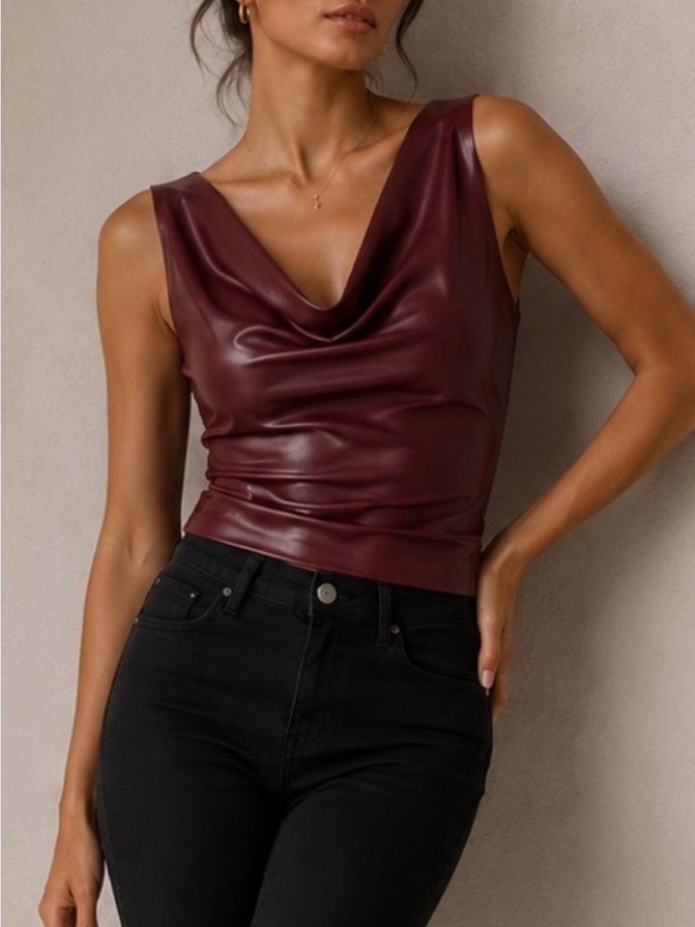Cider Faux-Leather Cowl Neck Crop Top - Burgundy